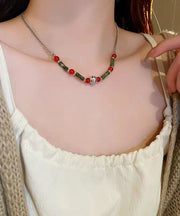 Chinese Style Red Green Stainless Steel Overgild Chalcedony Bamboo Joint Patchwork Graduated Bead Necklace