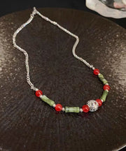 Chinese Style Red Green Stainless Steel Overgild Chalcedony Bamboo Joint Patchwork Graduated Bead Necklace