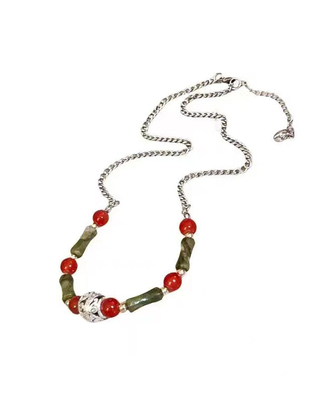 Chinese Style Red Green Stainless Steel Overgild Chalcedony Bamboo Joint Patchwork Gratuated Bead Necklace
