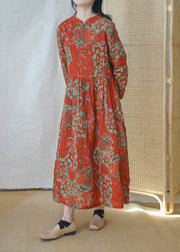 Leinenkleid im chinesischen Stil mit rotem Stehkragen und Cinch-Print, langärmlig