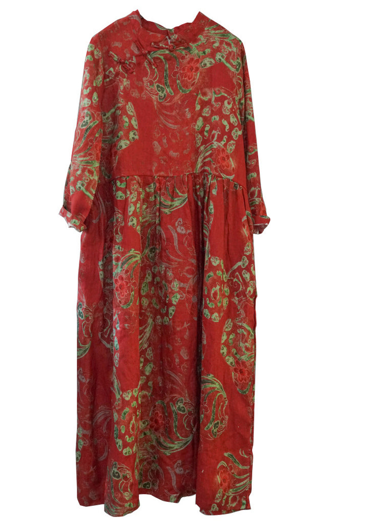 Leinenkleid im chinesischen Stil mit rotem Stehkragen und Cinch-Print, langärmlig