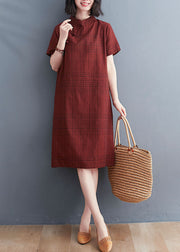 Chinese Style Red Plaid Patchwork Cotton Mid Dress Short Sleeve