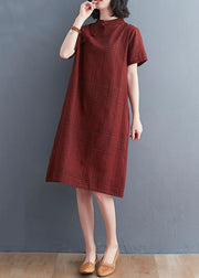 Chinese Style Red Plaid Patchwork Cotton Mid Dress Short Sleeve