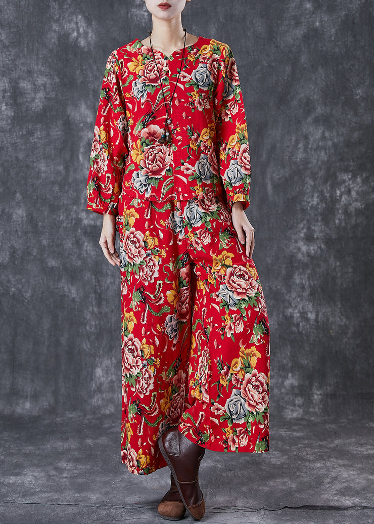 Chinese Style Red Print Oriental Linen Women Two Piece Set Fall