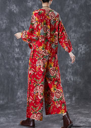 Chinese Style Red Print Oriental Linen Women Two Piece Set Fall