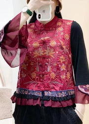 Chinese Style Red Ruffled Embroidered Button Silk Waistcoat Sleeveless