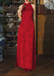 Chinese Style Red Stand Collar Backless Patchwork Silk Dresses Fall