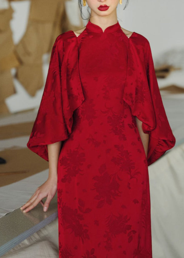 Chinese Style Red Stand Collar Backless Patchwork Silk Dresses Fall