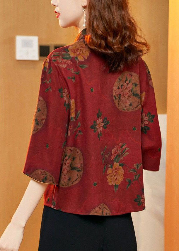 Chinese Style Red Stand Collar Button Silk Two Pieces Set Summer