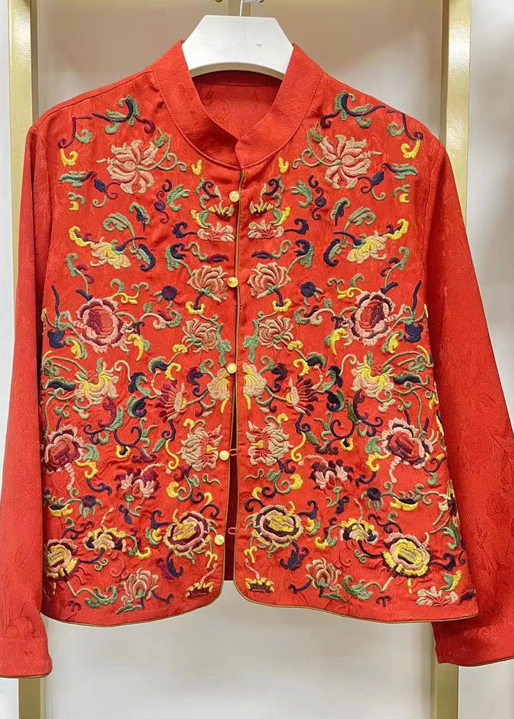 Chinese Style Red Stand Collar Embroidered Patchwork Silk Coat Fall