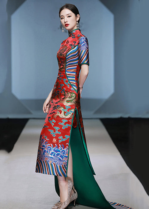 Chinese Style Red Stand Collar Embroidered Patchwork Silk Maxi Dresses Summer