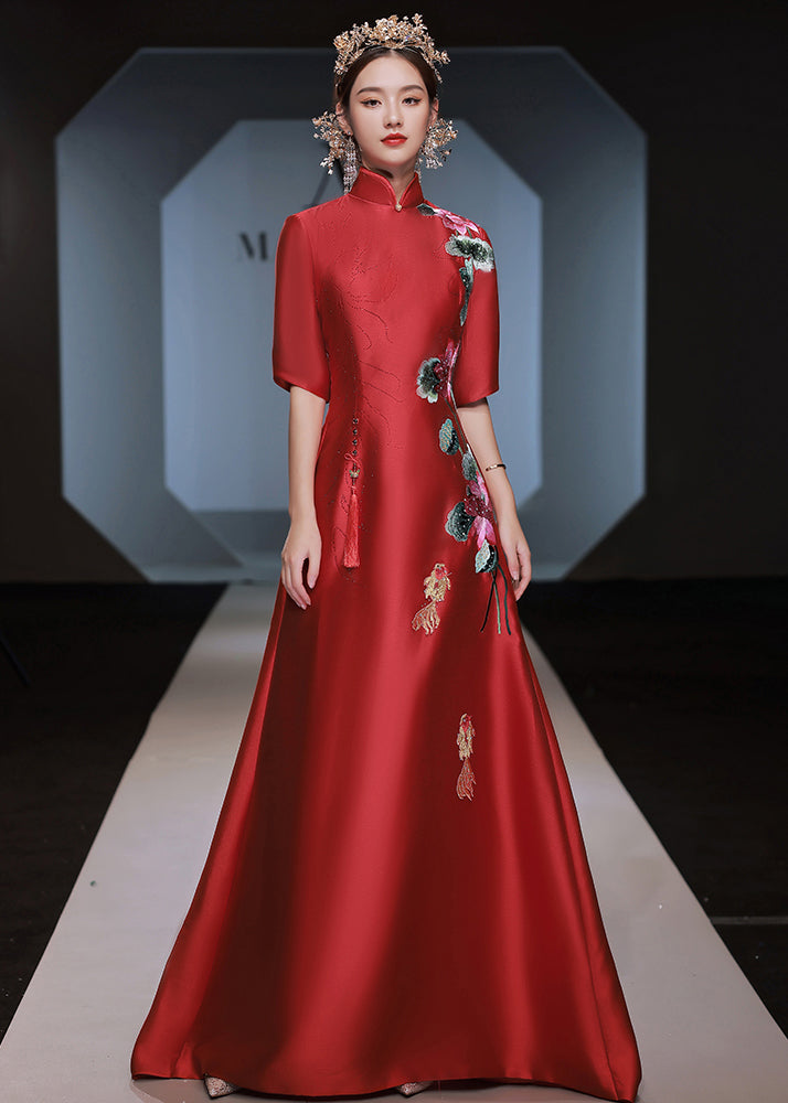 Chinese Style Red Stand Collar Embroidered Silk Dresses Half Sleeve