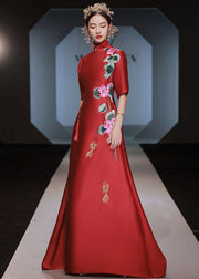 Chinese Style Red Stand Collar Embroidered Silk Dresses Half Sleeve