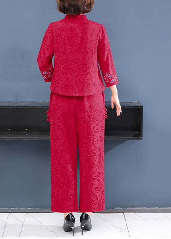 Chinese Style Red Stand Collar Embroidered Top And Wide Leg Pants Two Pieces Set Long Sleeve