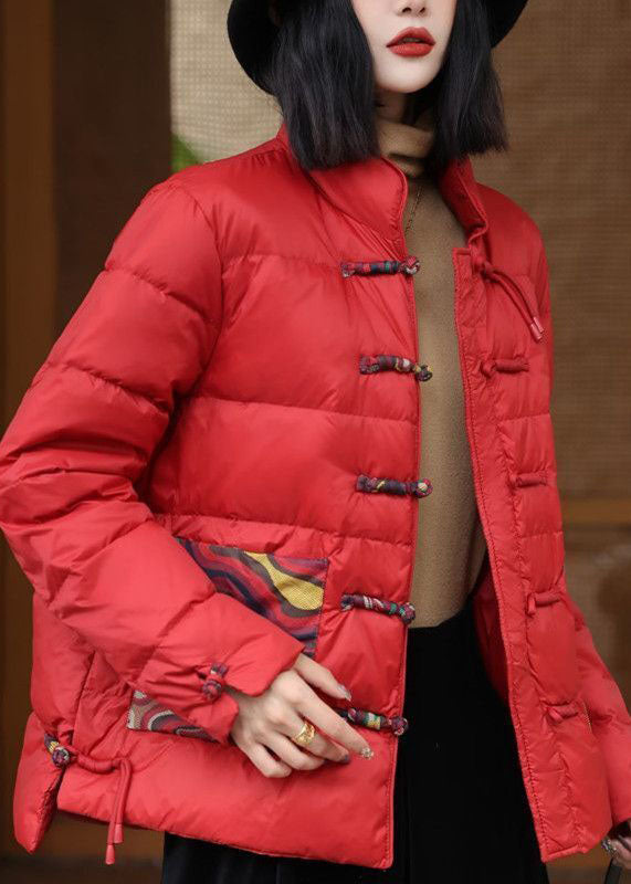 Chinese Style Red Stand Collar Oriental Button Duck Down Puffers Jackets Winter