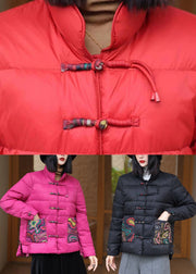 Chinese Style Red Stand Collar Oriental Button Duck Down Puffers Jackets Winter