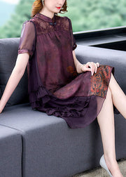 Chinese Style Red Stand Collar Patchwork Ruffles Silk Dress Summer