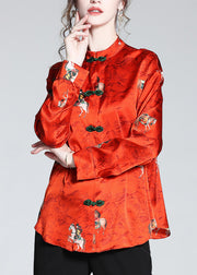 Chinese Style Red Stand Collar Print Button Silk Coats Spring