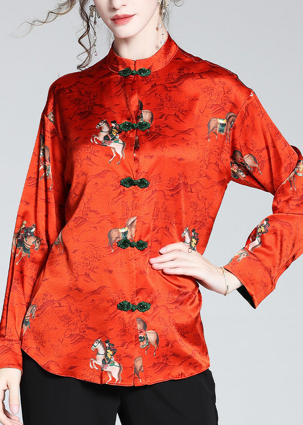 Chinese Style Red Stand Collar Print Button Silk Coats Spring