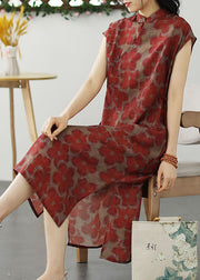 Chinese Style Red Stand Collar Print Patchwork Linen Dress Summer