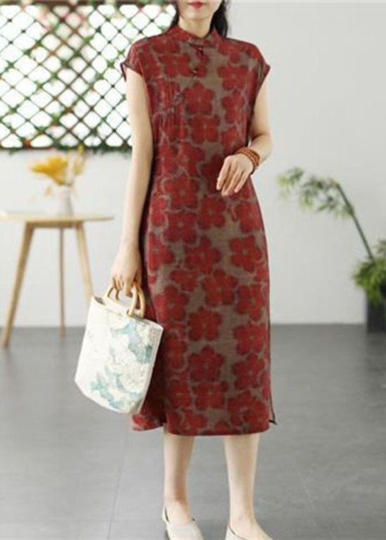 Chinese Style Red Stand Collar Print Patchwork Linen Dress Summer