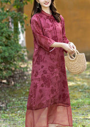 Chinese Style Red Stand Collar Print Ramie Long Dress Spring