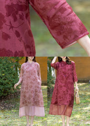 Chinese Style Red Stand Collar Print Ramie Long Dress Spring