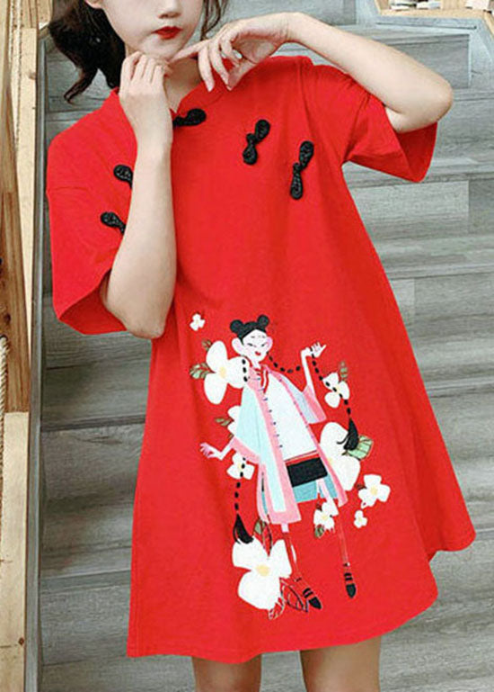 Rotes Urlaubskleid im chinesischen Stil mit Stehkragen und kurzen Ärmeln