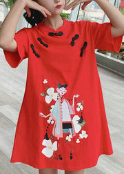 Chinese Style Red Stand Collar Print Vacation Dress Short Sleeve