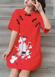 Chinese Style Red Stand Collar Print Vacation Dress Short Sleeve
