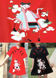 Rotes Urlaubskleid im chinesischen Stil mit Stehkragen und kurzen Ärmeln
