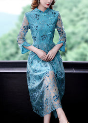 Chinese Style Sky Blue Embroidered Hollow Out Tulle Dress Summer