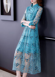 Chinese Style Sky Blue Embroidered Hollow Out Tulle Dress Summer