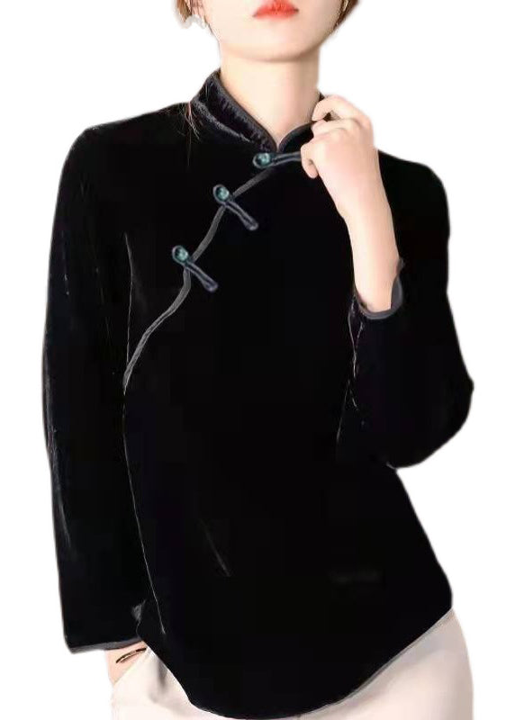 Chinese Style Stand Collar Black Button Patchwork Velour Shirt Fall