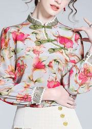 Chinese Style Stand Collar Print Button Silk Tops Long Sleeve