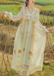 Chinese Style Sunflower Embroidered Tasseled Patchwork Tulle Dresses Flare Sleeve