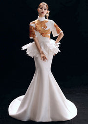 Chinese Style White Backless Feather Patchwork Silk Fishtail Dresses Summer