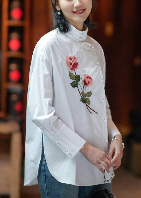 Chinese Style White Button Embroideried Cotton Shirt Long Sleeve