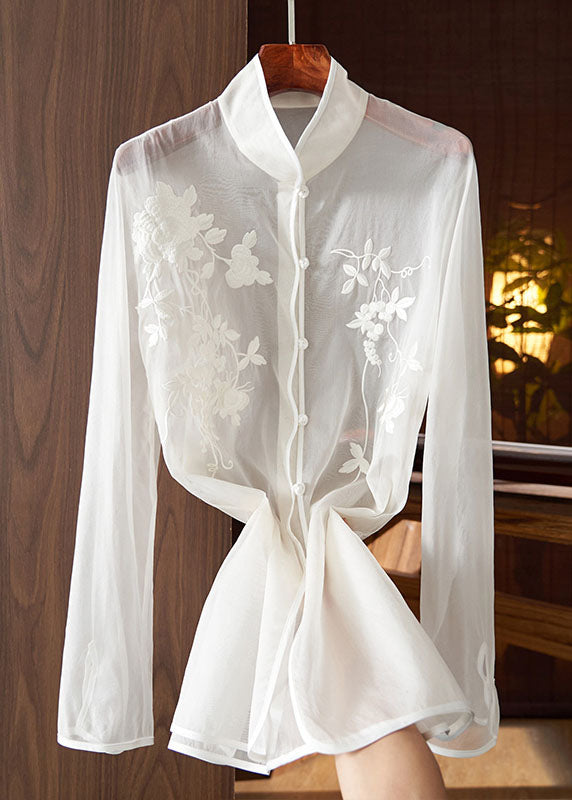Chinese Style White Embroidered Button Patchwork Tulle Shirt Tops Long Sleeve