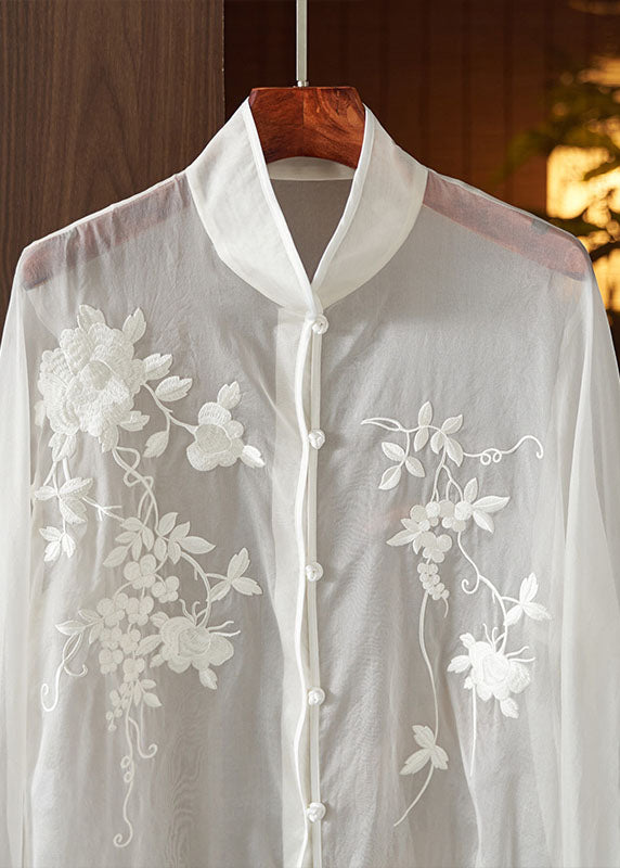Chinese Style White Embroidered Button Patchwork Tulle Shirt Tops Long Sleeve