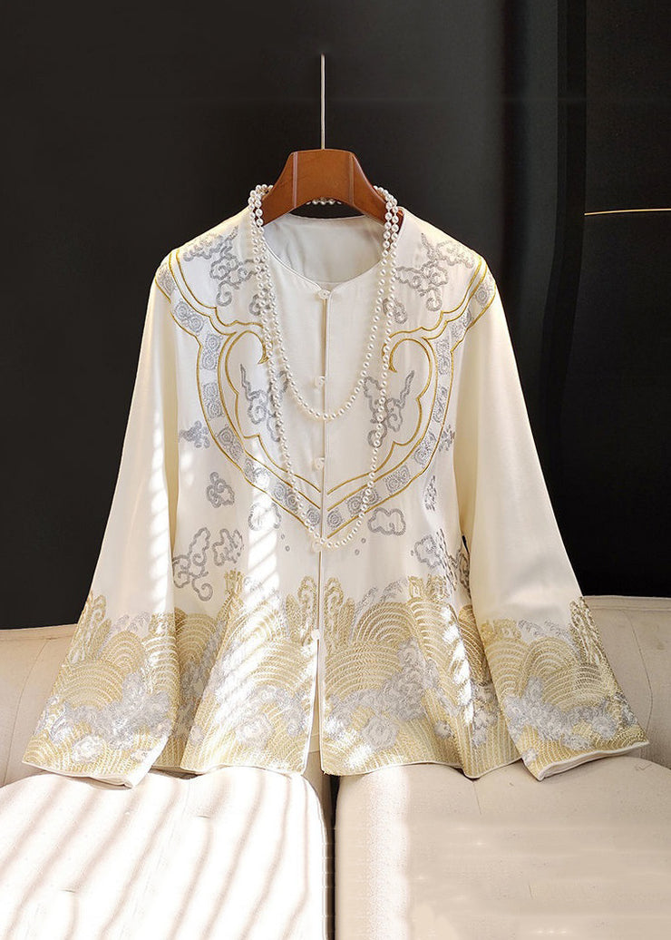 Chinese Style White Embroideried Button Silk Coat Long Sleeve