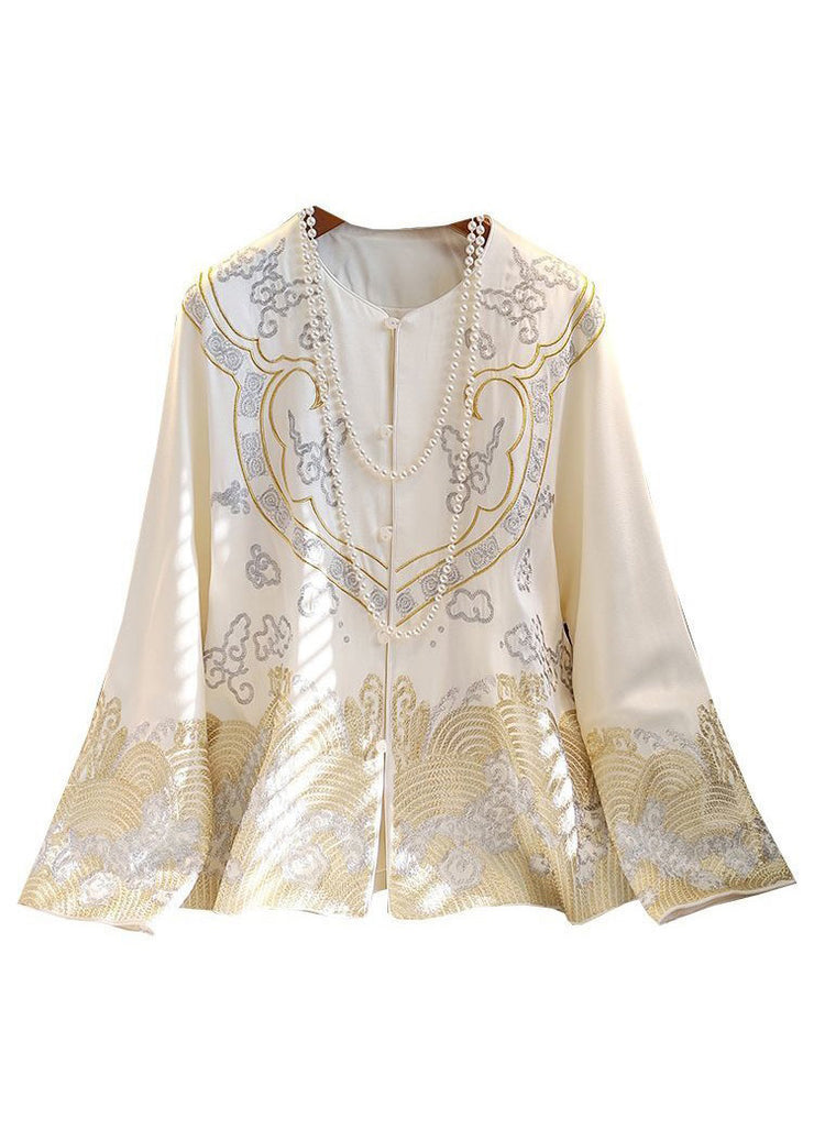 Chinese Style White Embroideried Button Silk Coat Long Sleeve