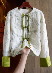Chinese Style White Embroidered Button Silk Velour Parka Long Sleeve