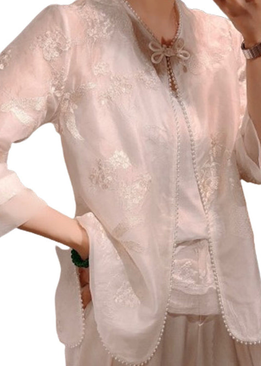 Chinese Style White Embroidered Patchwork Silk Shirt Summer