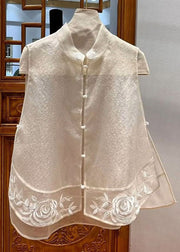Chinese Style White Embroidered Patchwork Tulle Blouse Tops Sleeveless
