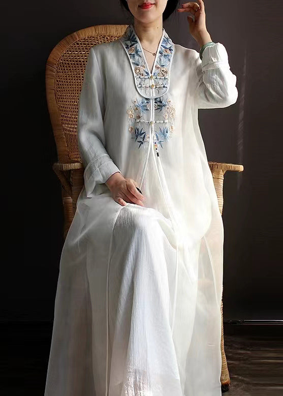 Chinese Style White Embroideried Tasseled Tulle Long Dress Spring