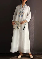 Chinese Style White Embroideried Tasseled Tulle Long Dress Spring