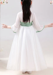 Chinese Style White Embroidered Tie Waist Patchwork Chiffon Kids Girls Dresses Summer