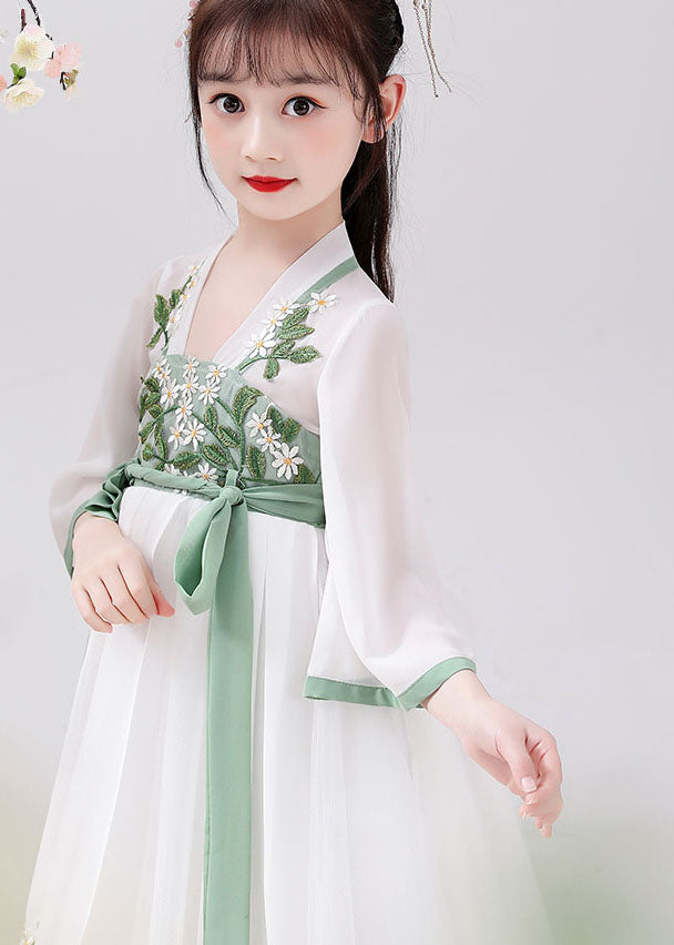 Chinese Style White Embroidered Tie Waist Patchwork Chiffon Kids Girls Dresses Summer