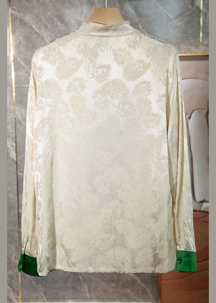 Chinese Style White Mandarin Collar Jacquard Tassel Silk Shirt Spring